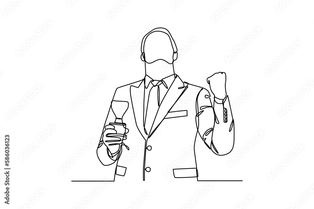 Single one-line drawing a man celebrating getting an award trophy. Employee appreciation day concept. Continuous line drawing design graphic vector illustration. Single one-line drawing a man celebrating getting an award trophy. Employee appreciation day concept. Continuous line drawing design graphic vector illustration.