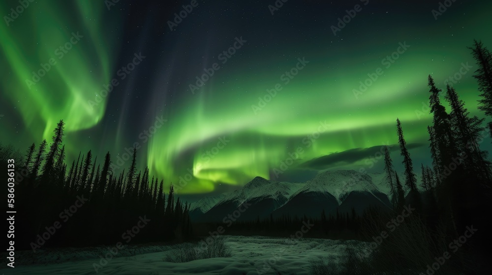 Northern lights in the sky of Alaska. Aurora borealis. Generative AI