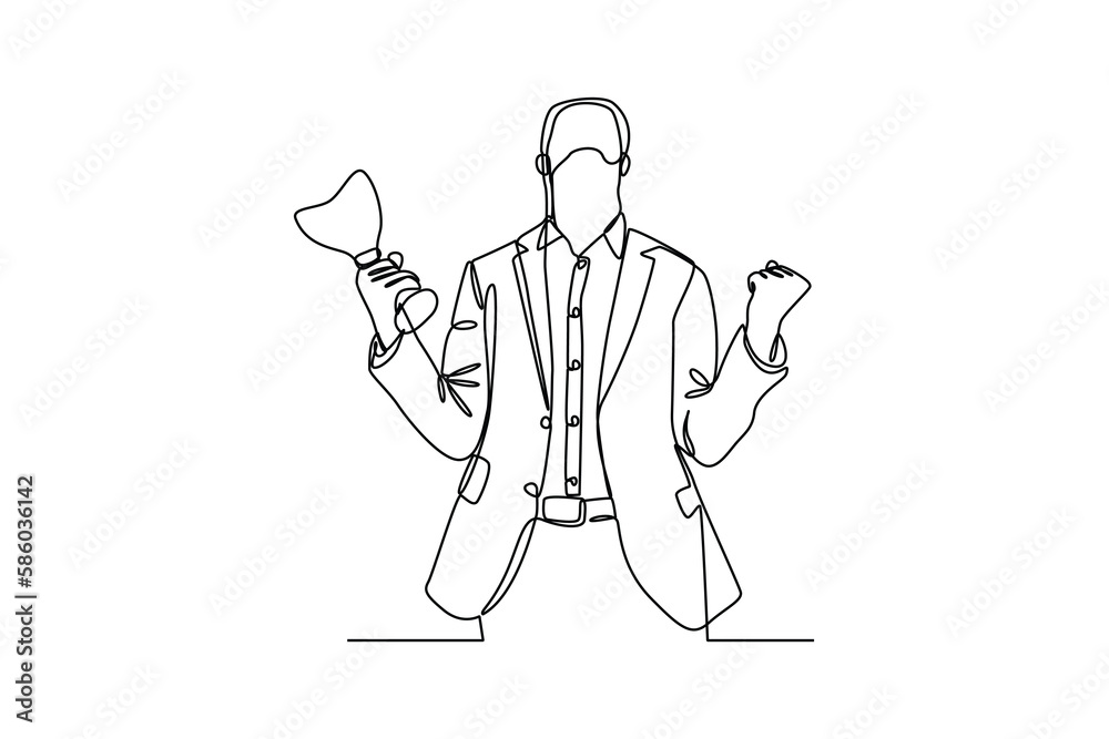 Single one-line drawing a man very happy to get an award. Employee appreciation day concept. Continuous line drawing design graphic vector illustration. Single one-line drawing a man very happy to get an award. Employee appreciation day concept. Continuous line drawing design graphic vector illustration.