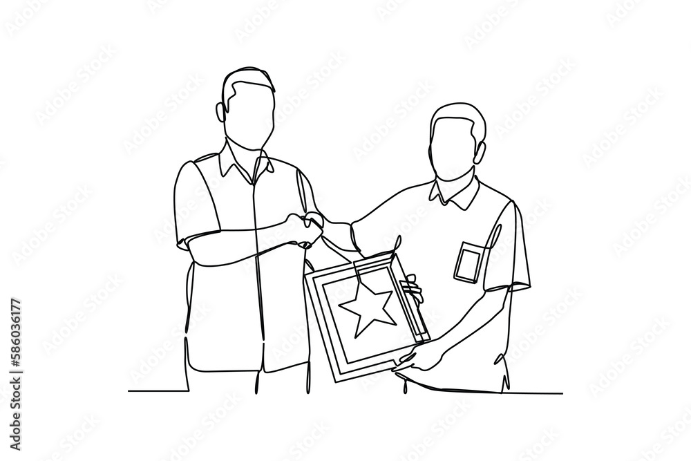 Single one-line drawing a boss given award certificate to the best employee. Employee appreciation day concept. Continuous line drawing design graphic vector illustration. Single one-line drawing a boss given award certificate to the best employee. Employee appreciation day concept. Continuous line drawing design graphic vector illustration.