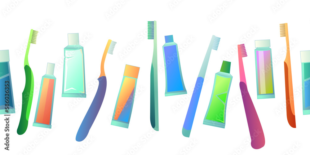 Tubes of toothpaste and toothbrushes seamless horizontal. Cartoon style. Items for dental and oral care. Isolated on white background. Vector. Tubes of toothpaste and toothbrushes seamless horizontal. Cartoon style. Items for dental and oral care. Isolated on white background. Vector.
