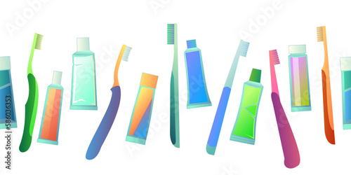 Tubes of toothpaste and toothbrushes seamless horizontal. Cartoon style. Items for dental and oral care. Isolated on white background. Vector.