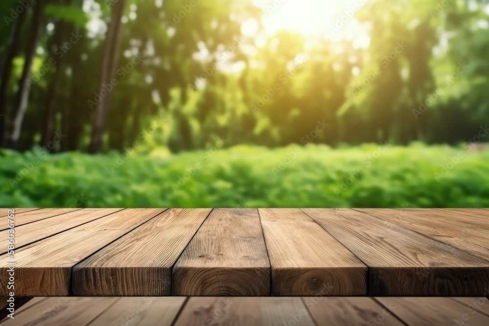 wooden table placed in the midst of a lush green forest created with Generative AI technology wooden table placed in the midst of a lush green forest created with Generative AI technology