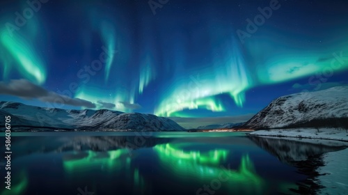 Northern lights in the sky of Norway. Aurora borealis. Generative AI