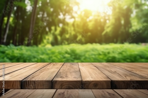 wooden table placed in the midst of a lush green forest created with Generative AI technology