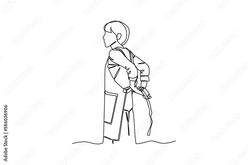 Continuous one-line drawing a woman putting up an apron in the kitchen. Kitchen activity concept. Single line drawing design graphic vector illustration