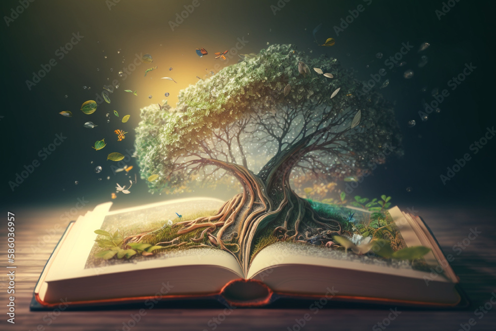 Naklejka premium open magic book with a big tree, sustainable development, internet and communication technology, by generative AI.