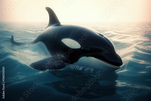 orca gracefully swimming in the golden-hued ocean at sunset created with Generative AI technology