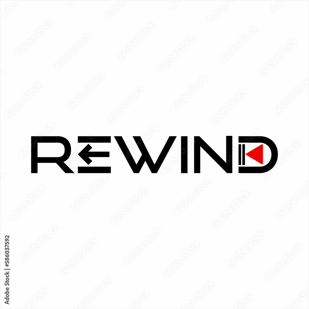 Rewind word design with back arrow on letter E and rewind symbol on letter D