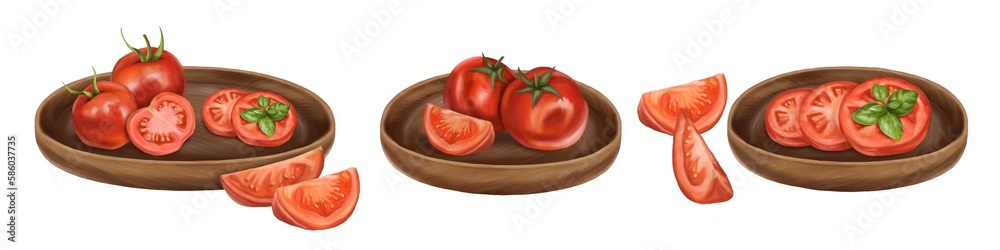 A set of compositions of farm tomatoes in wooden plates with a basil leaf. Cut tomatoes into slices, triangles. Digital illustration on a white background A set of compositions of farm tomatoes in wooden plates with a basil leaf. Cut tomatoes into slices, triangles. Digital illustration on a white background