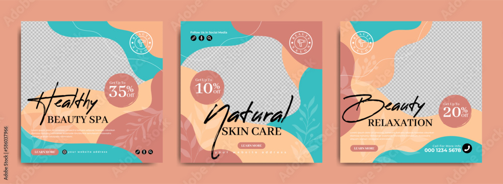 Beauty salon business marketing social media post template. Skin makeup or body spa parlor online service promotion flyer or poster. Cosmetic product advertisement banner with organic ornament.