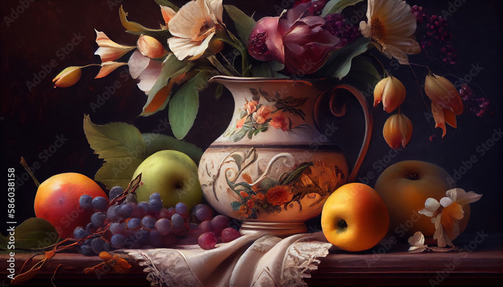 Still Life with Fruits Like Apples Flowers Grapes Candles on Classic and Ornamental Golden Bowl on Themed Backdrop AI Generative