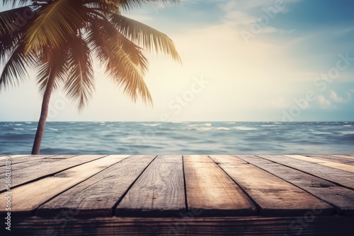 tropical paradise with a wooden deck, palm tree, and ocean view created with Generative AI technology