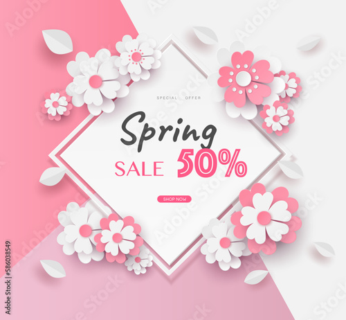 flower paper cut in vector art design with realistic shadows in pastel color tone . Frame or space for add the text label used for a magazine, web, signboard in shopping mall and the other.