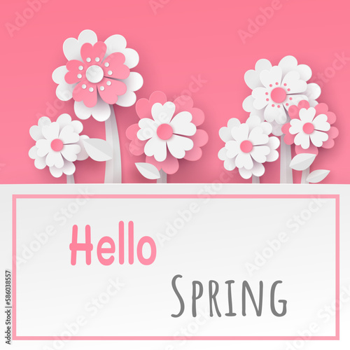 flower paper cut in vector art design with realistic shadows in pastel color tone . Frame or space for add the text label used for a magazine, web, signboard in shopping mall and the other.