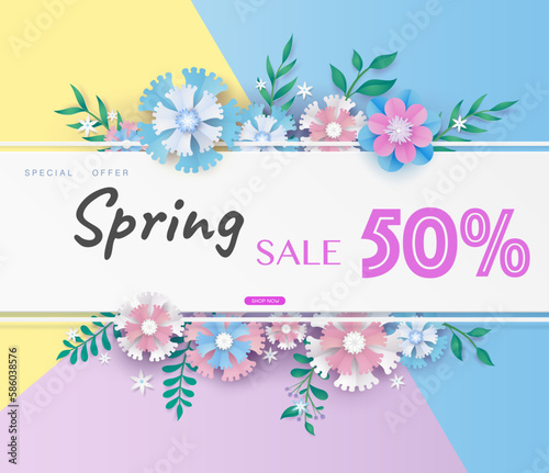 flower paper cut in vector art design with realistic shadows in pastel color tone . Frame or space for add the text label used for a magazine, web, signboard in shopping mall and the other.
