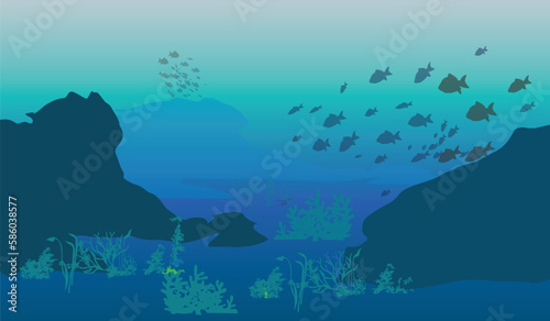 Silhouette of coral reef with fishes and wreck on bottom in blue sea. Vector nature illustration. Marine underwater life.