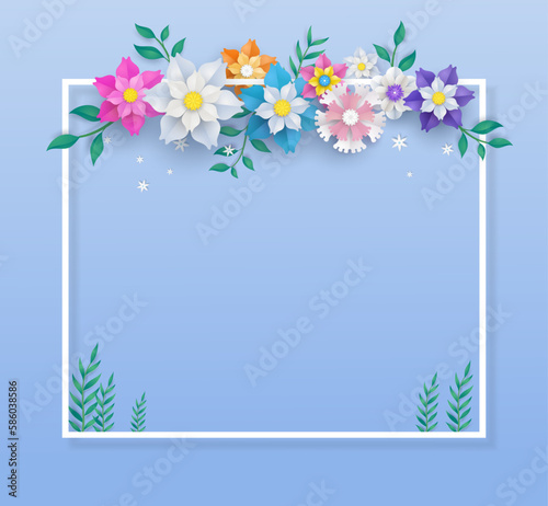flower paper cut in vector art design with realistic shadows in pastel color tone . Frame or space for add the text label used for a magazine, web, signboard in shopping mall and the other.