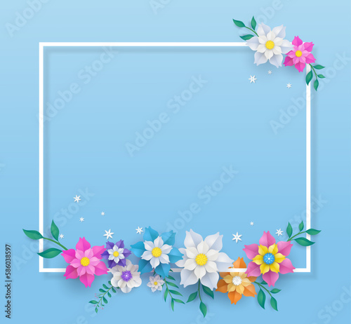 flower paper cut in vector art design with realistic shadows in pastel color tone . Frame or space for add the text label used for a magazine, web, signboard in shopping mall and the other.