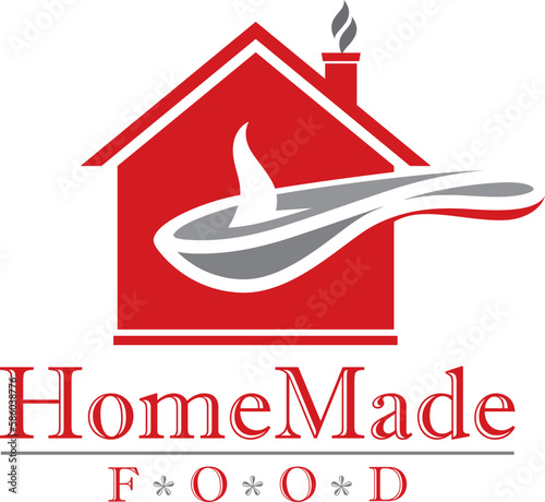 Homemade Food Vector Logo with a House Shape with Chimney and a Spoon at the Center
