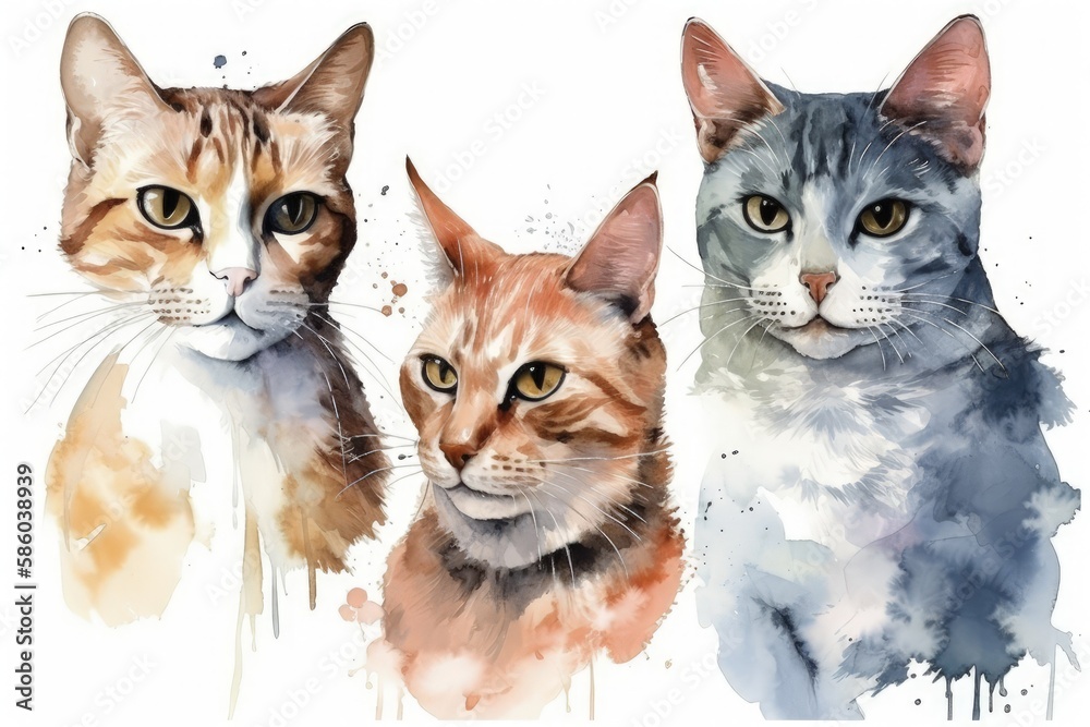 Illustration of three cats sitting together in a watercolor painting created with Generative AI technology