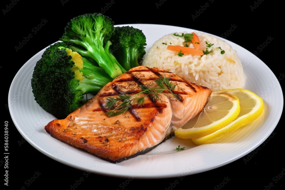 a plate of grilled salmon served with healthful steamed vegetables on a white plate with lemon and rice a plate of grilled salmon served with healthful steamed vegetables on a white plate with lemon and rice