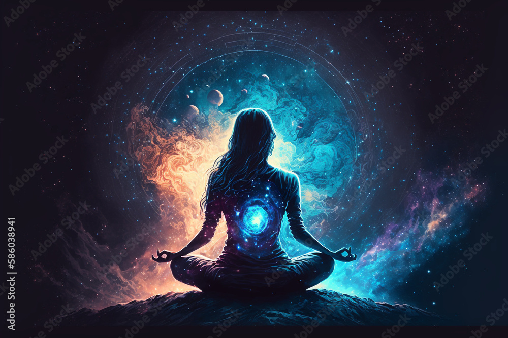 Woman practicing yoga in lotus position with cosmic universe background