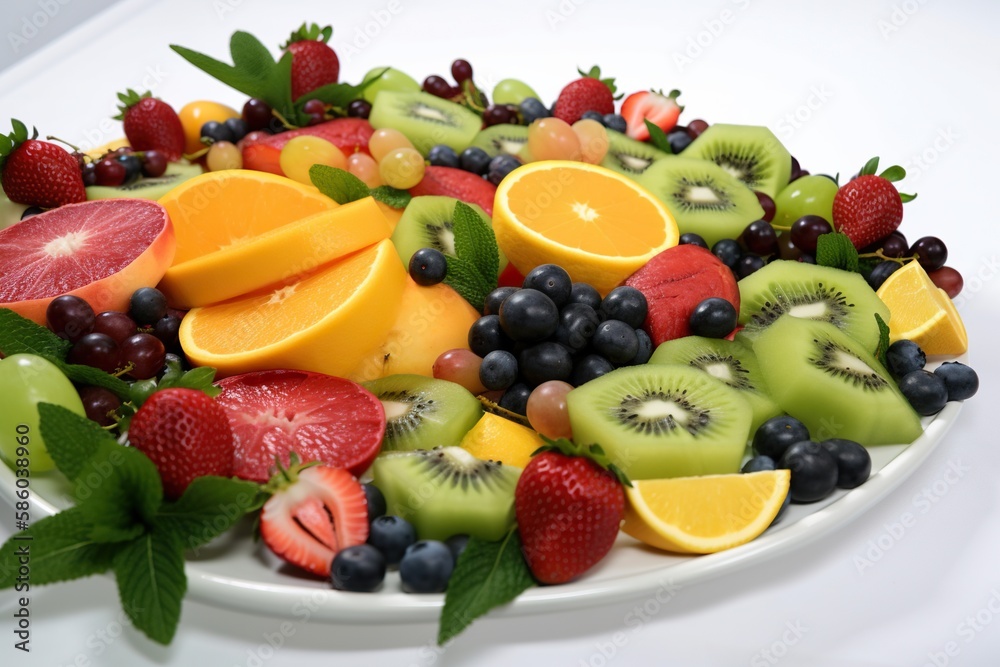 a collection of healthy and fresh fruits in a white plate and mint leaves a collection of healthy and fresh fruits in a white plate and mint leaves