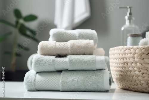neat stack of white towels on a clean bathroom counter created with Generative AI technology