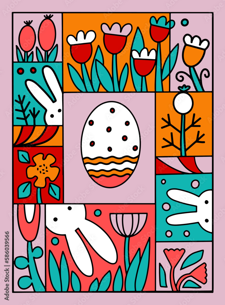 Happy Easter vector illustration concept with bunny, egg and flowers. Modern style graphic. Perfect for a social media post, egg hunt design, poster, cover or postcard.