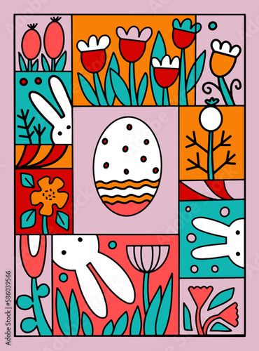 Happy Easter vector illustration concept with bunny  egg and flowers. Modern style graphic. Perfect for a social media post  egg hunt design  poster  cover or postcard.