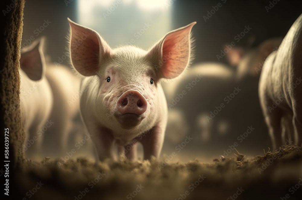 Cute pig in the pigsty looking at camera. Generative AI Cute pig in the pigsty looking at camera. Generative AI