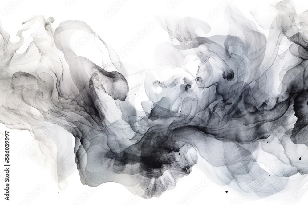 Illustration of smoke on a plain white background in black and white created with Generative AI technology