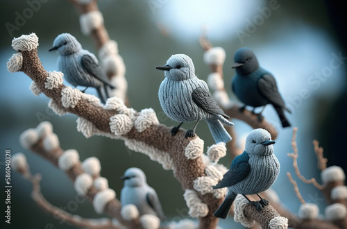 Knitted Birds made out of wool sitting on knitted branches. Generative AI