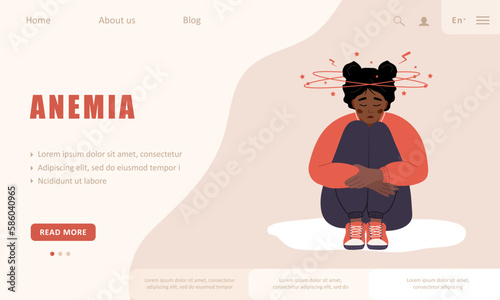 Anemia concept. Landing page template. Sad african woman with dizziness sitting on floor. Unhappy girl suffers from vertigo and headache. Disease symptom. Vector illustration in flat cartoon style.