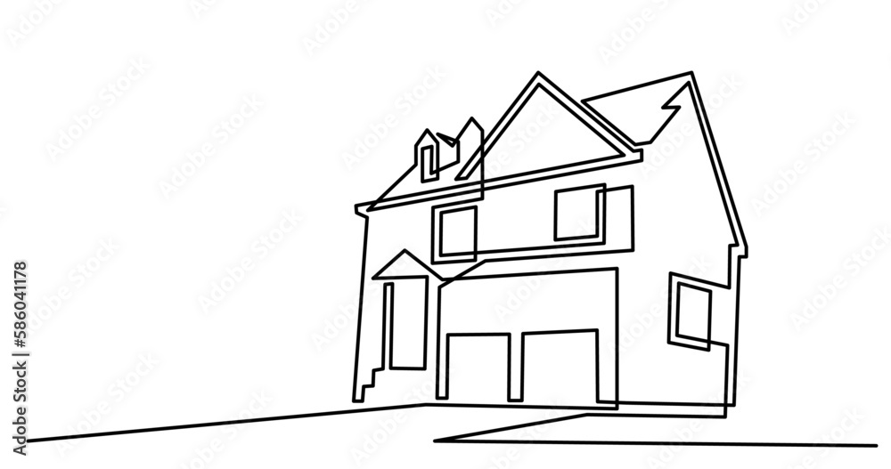 continuous line drawing vector illustration with FULLY EDITABLE STROKE of big suburban house with two car garage as real estate home property concept