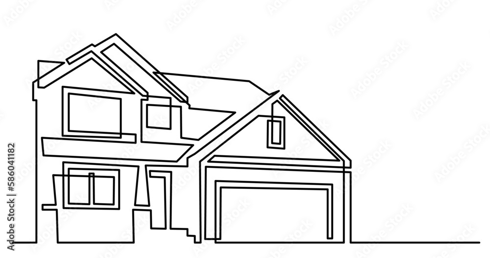continuous line drawing vector illustration with FULLY EDITABLE STROKE of two storey suburban house with garage as real estate home property concept with copy space