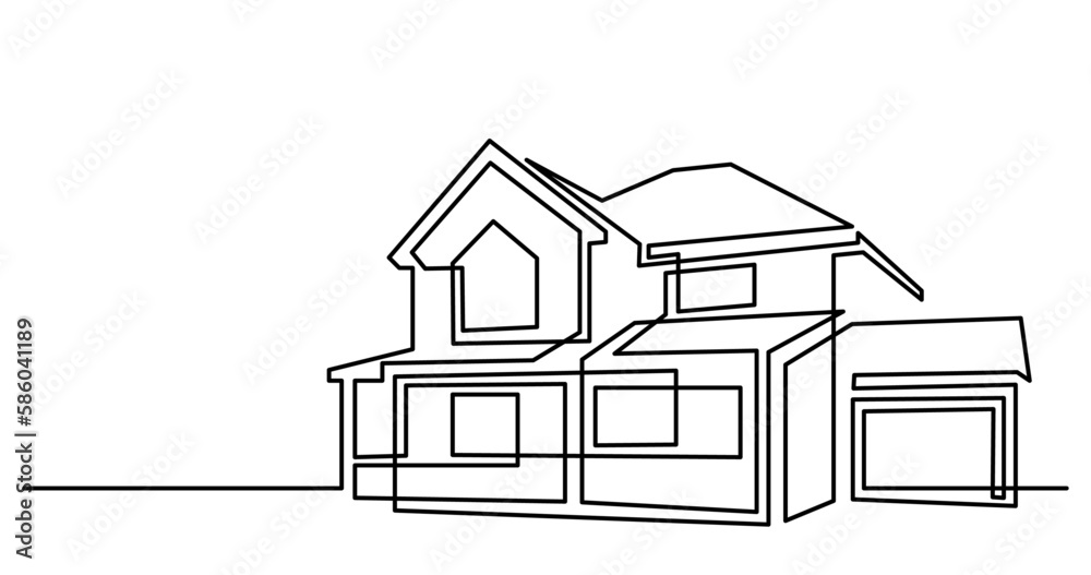 continuous line drawing vector illustration with FULLY EDITABLE STROKE of suburban house with one car garage as real estate home property concept continuous line drawing vector illustration with FULLY EDITABLE STROKE of suburban house with one car garage as real estate home property concept