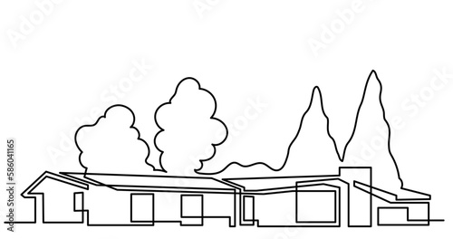 continuous line drawing vector illustration with FULLY EDITABLE STROKE of big rural house with large trees as real estate home property concept