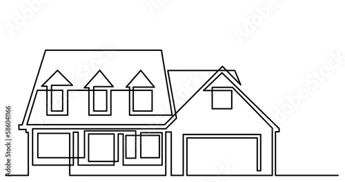 continuous line drawing vector illustration with FULLY EDITABLE STROKE of big suburban house with big garage as real estate home property concept