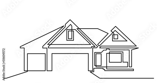 continuous line drawing vector illustration with FULLY EDITABLE STROKE of big suburban house with driveway as real estate home property concept