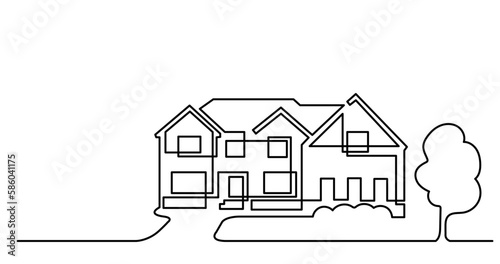 continuous line drawing vector illustration with FULLY EDITABLE STROKE of big nice suburban house near road as real estate home property concept