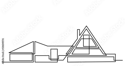 continuous line drawing vector illustration with FULLY EDITABLE STROKE of forest house as real estate home property concept