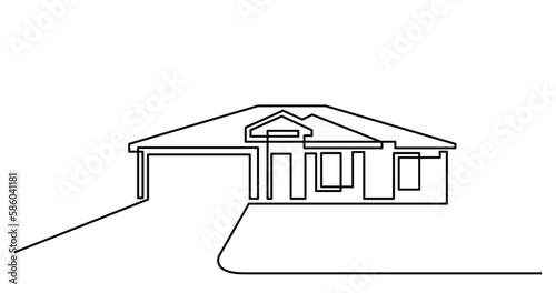 continuous line drawing vector illustration with FULLY EDITABLE STROKE of suburban ranch house with two car garage as real estate home property concept