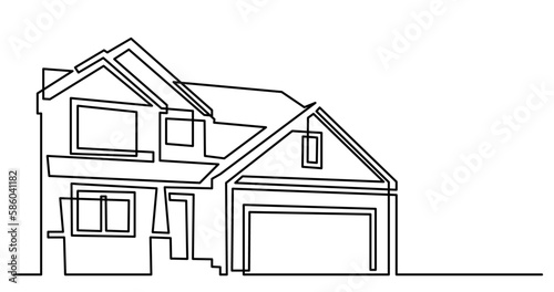 continuous line drawing vector illustration with FULLY EDITABLE STROKE of two storey suburban house with garage as real estate home property concept with copy space