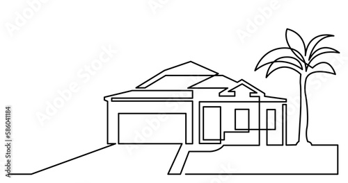 continuous line drawing vector illustration with FULLY EDITABLE STROKE of suburban house with garage and palm tree as real estate home property concept