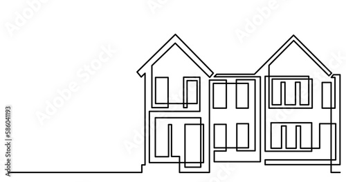 continuous line drawing vector illustration with FULLY EDITABLE STROKE of townhouses exterior in suburb neighbourhood as real estate home property concept