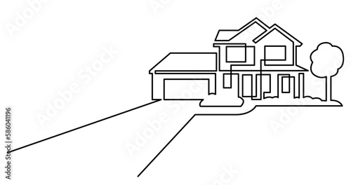 continuous line drawing vector illustration with FULLY EDITABLE STROKE of suburban house with garage and driveway as real estate home property concept with copy space