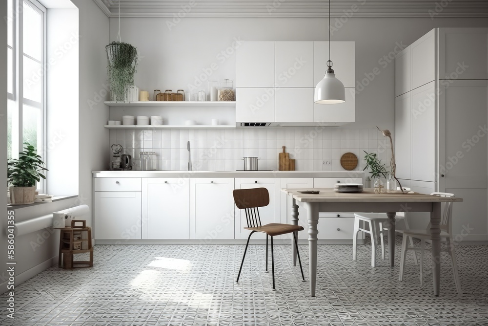 modern white kitchen with a spacious dining area created with Generative AI technology modern white kitchen with a spacious dining area created with Generative AI technology