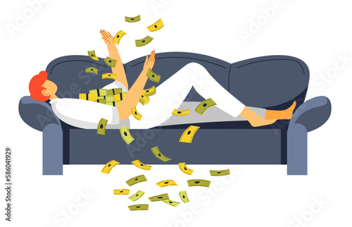 Rich man laying on sofa throwing money up vector